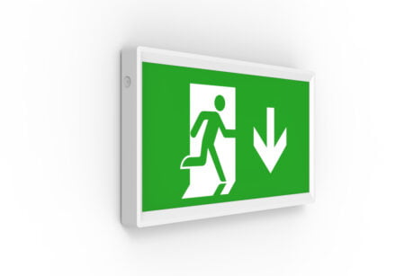 Flat exit sign in white, arrow down.