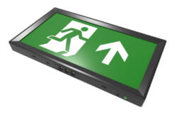 Flat exit sign in black, arrow up.